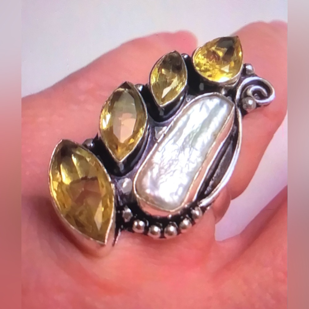 Biwa Pearl Citrine Stamped 925 Sterling Silver Ring